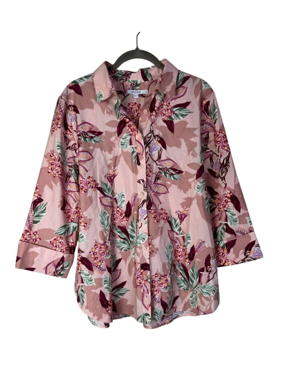 Chicos‎ 2 Pink Floral Button Up Shirt Top Size12 Boho Cotton Blend 3/4 Sleeves
